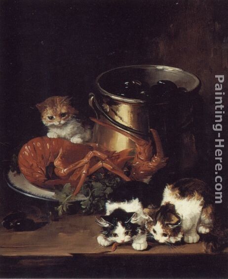 Alfred Brunel de Neuville Kittens with Mussels and a Lobster